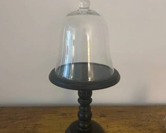 061 Glass Cloche Bell Jar on Dark Wood Pedestal Stand