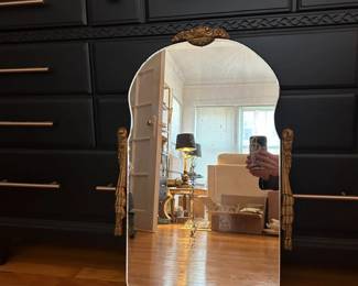 042 Antique Beveled Mirror with Ornate Brass Ormolu Mounts