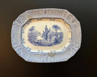 018 Antique Blue White Cobridge Cologne Transferware Platter Gothic Castle Scene