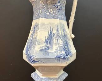 045 Antique Blue White Davenport Freiburg Transferware Pitcher