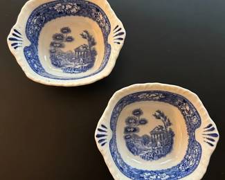 039 Antique Blue White Tudor Rose Transferware Serving Dishes Pair