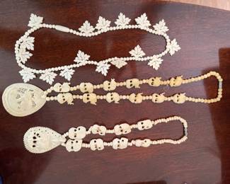 002 Carved Bone Necklace Set 3 Pieces Elephants Leaves Medallion