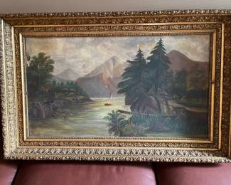 022 Antique Oil Painting Mountain Lake Landscape with Gilt Frame