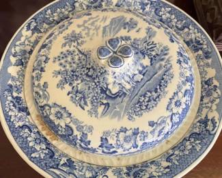 032 Antique Blue White Transfer Ware Covered Vegetable Dish