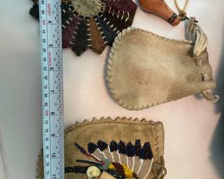 001 Native American Beaded Leather Pouch Medicine Bag Porcupine Quill Rosette Set