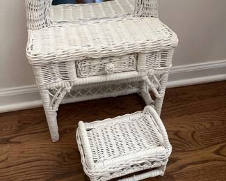 027 Doll White Wicker Vanity Desk with Mirror and Matching Stool