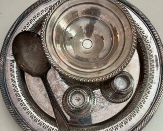 009 Lot of Antique SilverPlated Serving Set with Tray Bowl Salt Cellars Spoon