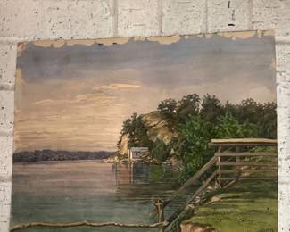 054 Vintage Watercolor Landscape Painting Lakeside Scene with Fence