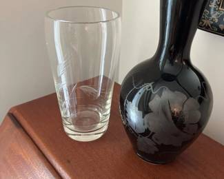 012 Etched Crystal Highball Glass Black Floral Glass Vase Set