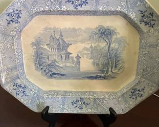 035 Antique Blue White Transfer Ware Serving Platter Chinoiserie Scene