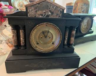 021 French Victorian Black Slate Mantel Clock with Marble Columns