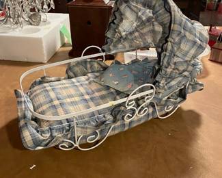 003 Vintage White Wrought Iron Doll Bassinet with Blue Plaid Bedding