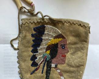 045 Native American Beaded Leather Drawstring Pouch with Chief Headdress