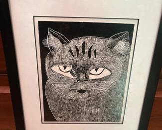 023 Framed Cat Portrait Scratchboard or Linocut Print