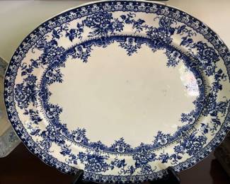 033 Antique Blue White Transferware Oval Serving Platter