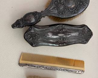 010 Lot of Antique SilverPlated Vanity Set with Brush Comb Accessories