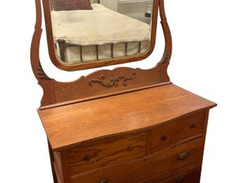 069 Antique Oak Serpentine Dresser with Swing Mirror