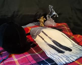 Velvet Equestrian Helmet, Horse Figurines, and Scottish Tartan Towel