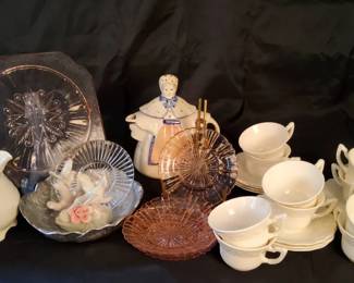 Vintage Tea Party Collection Porcelain Grandmother Teapot, White Tea Sets, and Pink Glassware