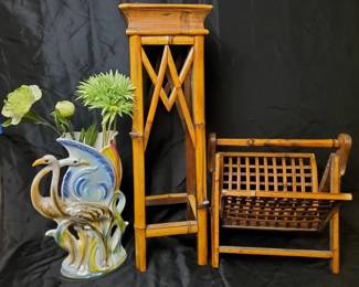 Boho Decor Trio Bamboo Plant Stand, Magazine Rack  Italian Crane Vase