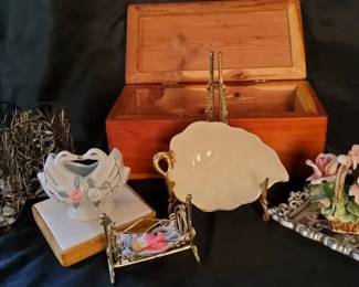Cedar Treasure Box with Porcelain Swans, Rose Basket  Decorative Accents