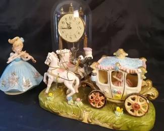 Vintage Joseph Originals Figurine, Carriage Figurine, and Elgin Mantle Clock