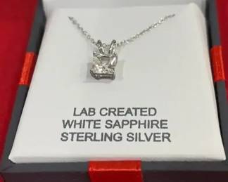 Lab Created White Sapphire Square Cut Pendant With Sterling Silver Necklace