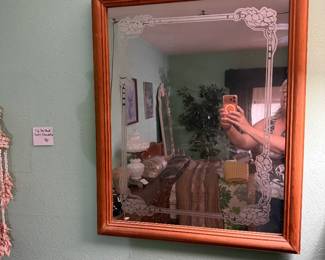 Etched glass wood frame mirror