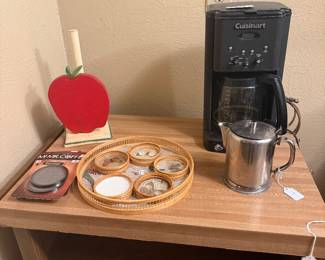 Coffee maker, rattan butterfly coasters with matching tray and apple paper towel holder