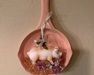 Ceramic pig in skillet wall hanging