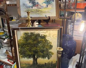 vintage framed oils, vintage large brass candlesticks