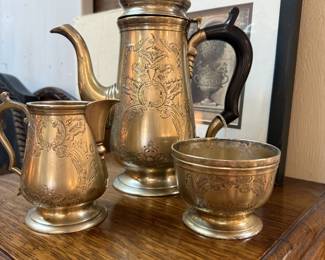 hotel quality vintage brass and black tea/coffee pot, sugar and creamer