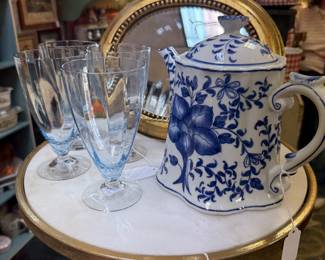 blue and white tea pot, Fostoria vintage Azure blue iced tea goblets, pretty side table