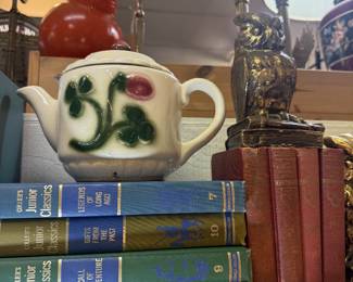 Junior Classics collection, vintage tea pot, owl book ends, vintage books