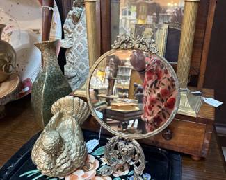candlesticks, bird, tole tray