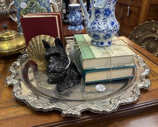 Beautiful silver-plate tray, blue and white small pitcher, clamshell solid brass book ends, vintage books