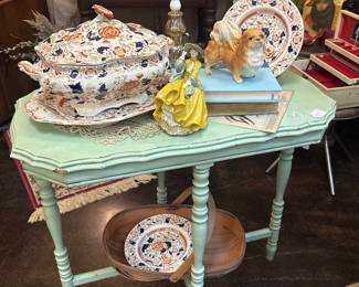 wood shabbied table, antique English ironstone tureen with matching tray