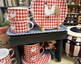 Vintage rooster plates, cups and bread/butter plates