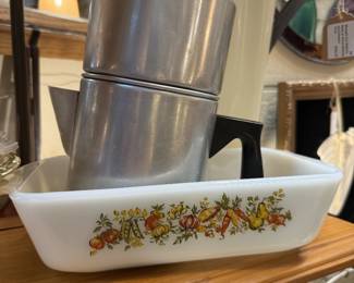 vintage casserole dish, coffee pot