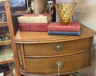 vintage side table with drawers, vintage books