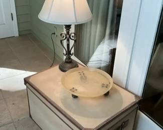 Fabric Storage Trunk with Table Lamp and Glass Bowl