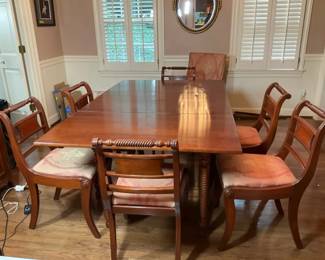 Cherry Double Pedestal Dining Table with 6 Chairs and Upholstered Host Chair