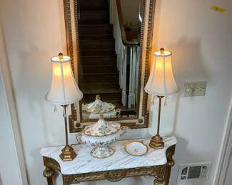 Gilt Marble Top Console Table with Mirror and Lamps