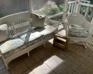 White Wicker Settee and Chair with Cushions