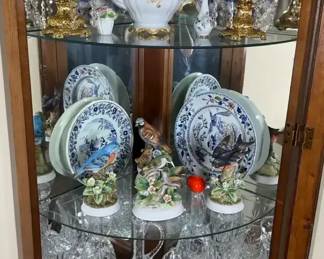 Bird Figurines, Crystal and Blue Transferware Display Lot
