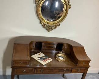 Traditional Writing Desk with Interior Organizer and Side Compartments with Convex Mirror
