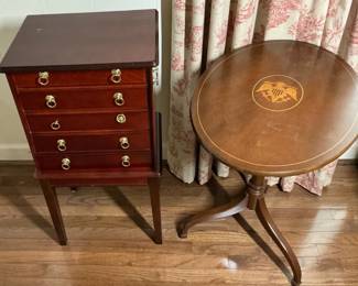 Silverware Chest and Inlaid Pedestal Accent Table