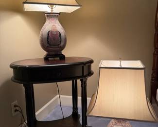Pair of Asian Style Porcelain Lamps with Accent Table