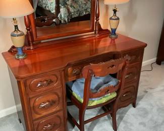 Seven Drawer Vanity with Mirror Chair and Lamps