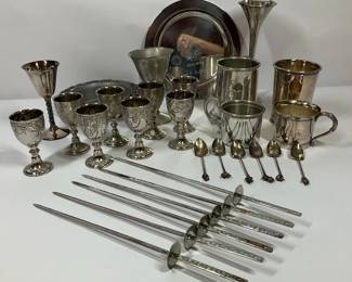 Silverplate and Pewter Serving Pieces Goblets and Barware